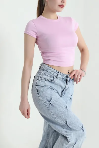 Pembe Yanları Büzgülü Buzzy Kadın Crop 440368
