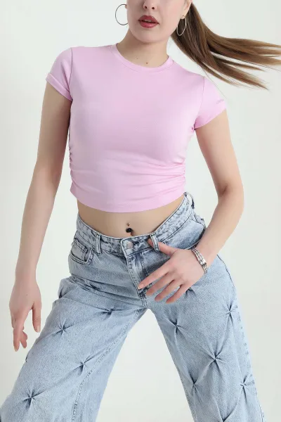 Pembe Yanları Büzgülü Buzzy Kadın Crop 440368