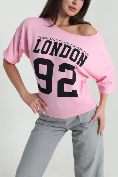 Pembe Yarasa Kol Baskılı Kadın Kristal Bluz 483244