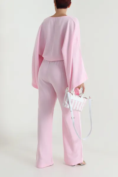 Pembe Yarasa Kol Bluz Pantolon Keten Kadın İkili Takım 482537