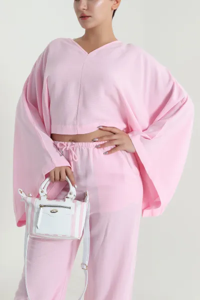Pembe Yarasa Kol Bluz Pantolon Keten Kadın İkili Takım 482537