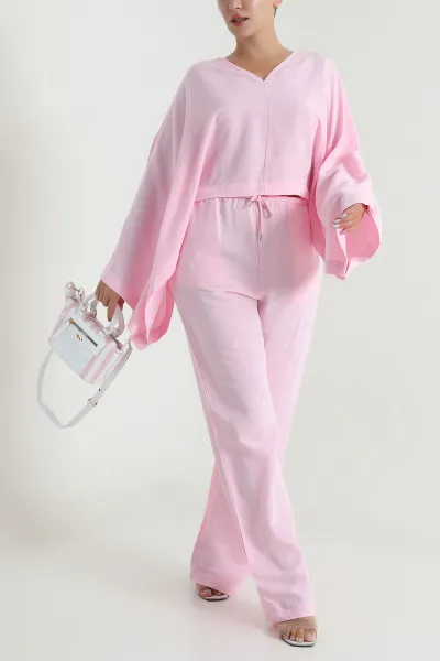 Pembe Yarasa Kol Bluz Pantolon Keten Kadın İkili Takım 482537