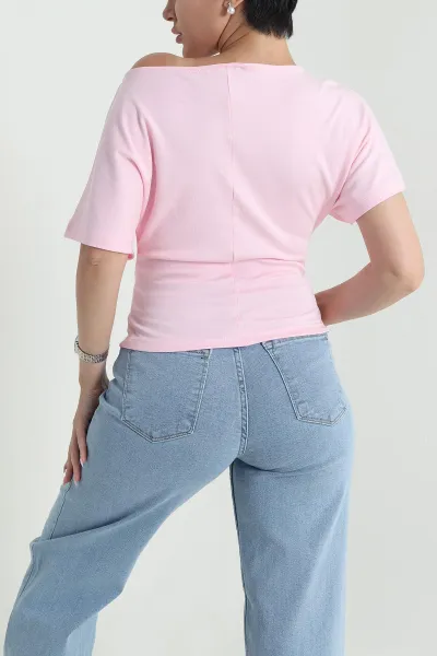 Pembe Yarasa Kol Kayık İnterlok Kadın Bluz 464582