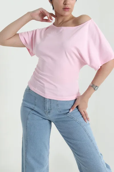 Pembe Yarasa Kol Kayık İnterlok Kadın Bluz 464582
