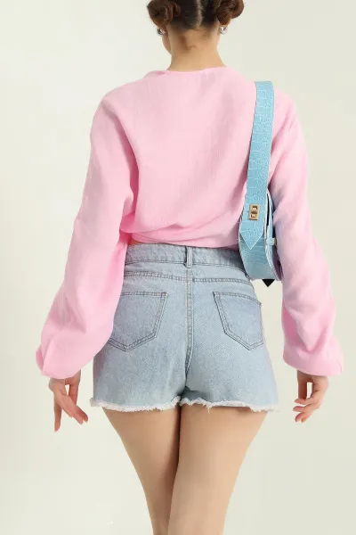 Pembe Yarasa Kol Önü Bağlamalı Keten Bluz 337040