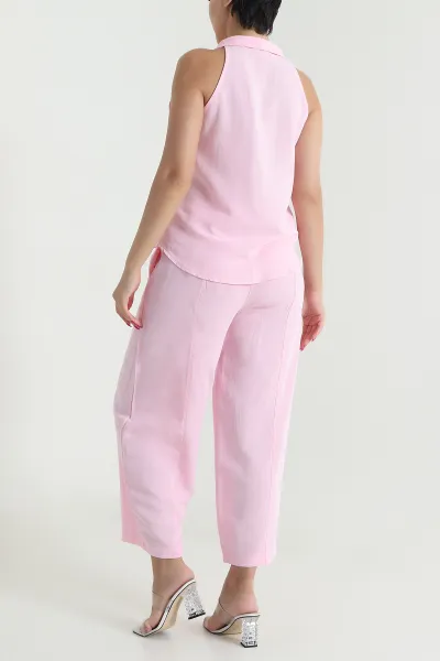 Pembe Yelek Pantolon Keten Kadın İkili Takım 475724