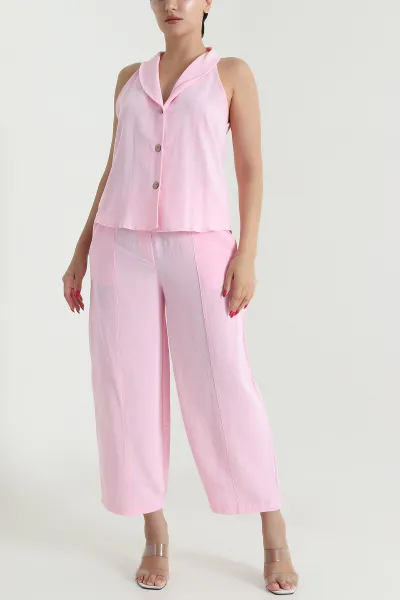 Pembe Yelek Pantolon Keten Kadın İkili Takım 475724