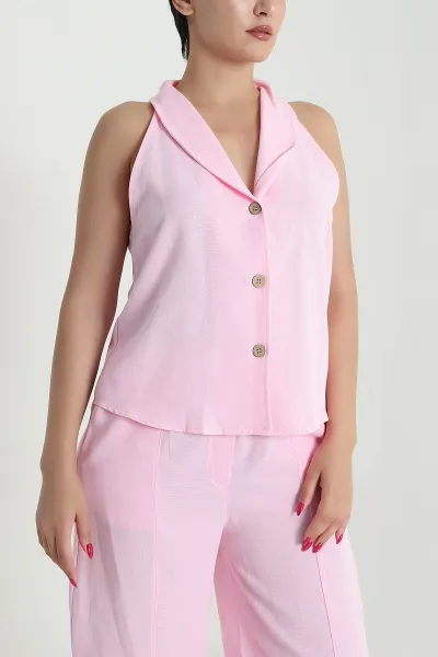 Pembe Yelek Pantolon Keten Kadın İkili Takım 475724