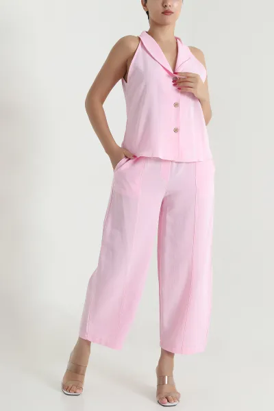 Pembe Yelek Pantolon Keten Kadın İkili Takım 475724