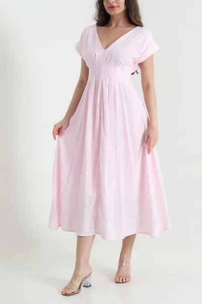 Pembe Yeni Sezon Keten Kadın Elbise 456765