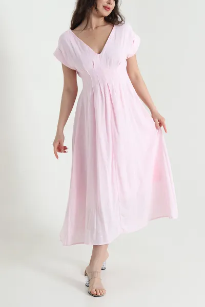 Pembe Yeni Sezon Keten Kadın Elbise 456765
