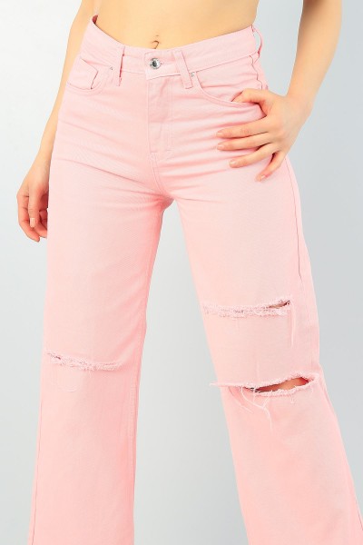 Pembe Yırtık Detay Bol Paça Bayan Kot Pantolon 62511