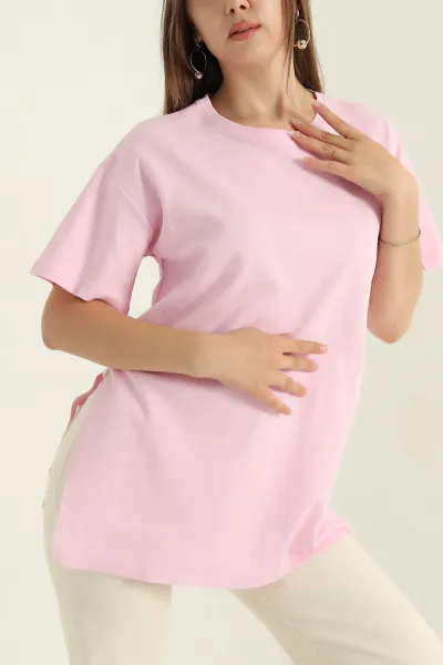 Pembe Yırtmaçlı Bisiklet Yaka Süprem Kadın Tişört 368215