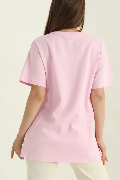 Pembe Yırtmaçlı Bisiklet Yaka Süprem Kadın Tişört 368215