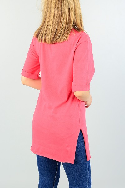Pembe Yırtmaçlı Duble Kol Bayan Tişört 66296