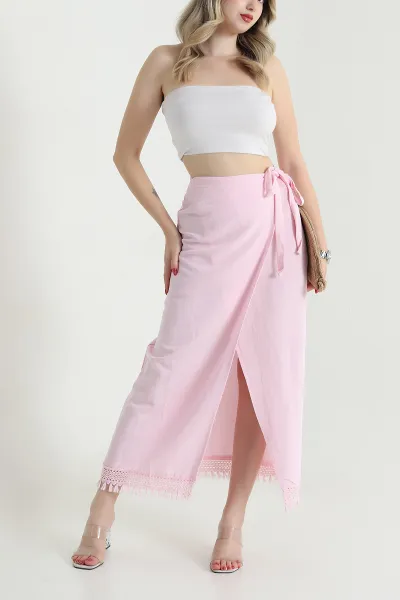 Pembe Yırtmaçlı Keten Kadın Etek 469458