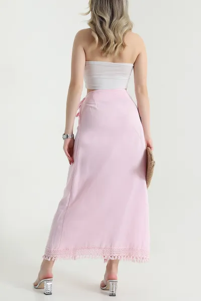 Pembe Yırtmaçlı Keten Kadın Etek 469458