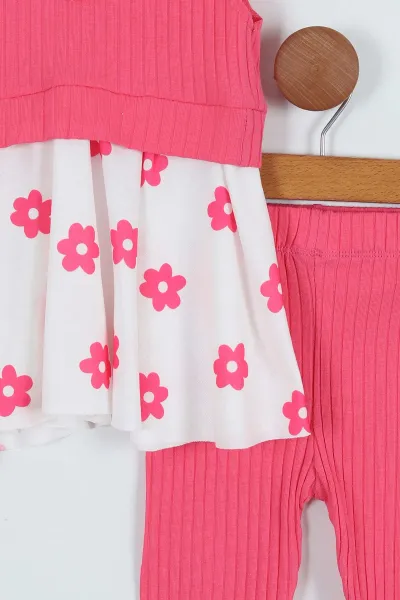 Pembe(2-8 Yaş) Omuz Fırfırlı Çiçek Yakalı Taytlı Kız Çocuk Elbise 262936