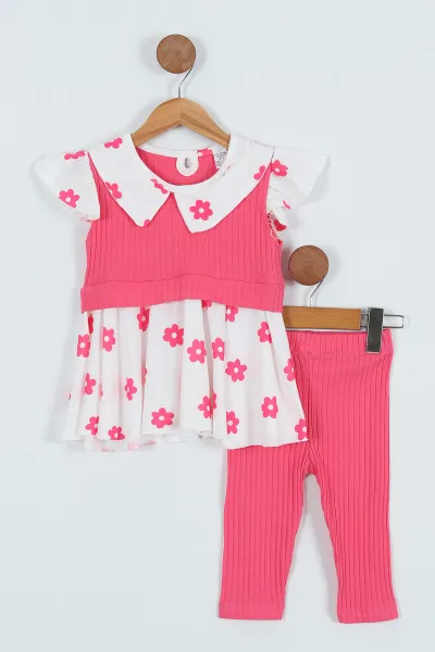 Pembe(2-8 Yaş) Omuz Fırfırlı Çiçek Yakalı Taytlı Kız Çocuk Elbise 262936