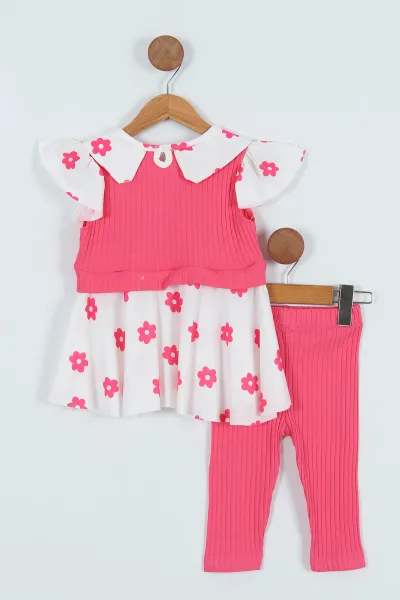 Pembe(2-8 Yaş) Omuz Fırfırlı Çiçek Yakalı Taytlı Kız Çocuk Elbise 262936