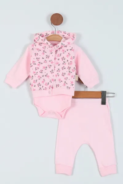 Pembe(3-9 Ay) Baskılı Üçlü Kız Bebe Takım 227776