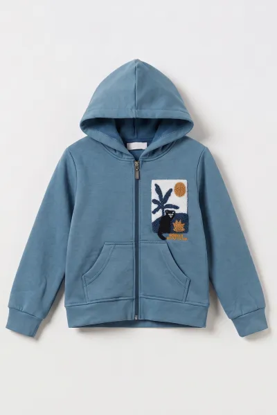 Petrol (3-12 Yaş) Süzene Palmiye Nakışlı Kapüşonlu  3 İp Şardonlu Erkek Çocuk Sweatshirt 478783