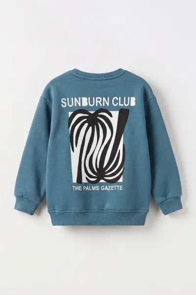Petrol (3-12 Yaş)Palmiye Baskılı 3 İp Şardonlu Erkek Çocuk Sweatshirt 484129