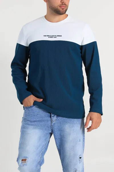 Petrol Beyaz Regular Fit Kabartma Baskılı Erkek Sweatshirt 305869