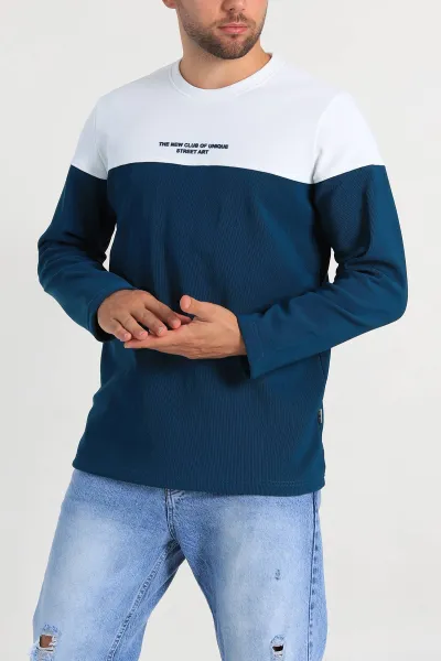 Petrol Beyaz Regular Fit Kabartma Baskılı Erkek Sweatshirt 305869