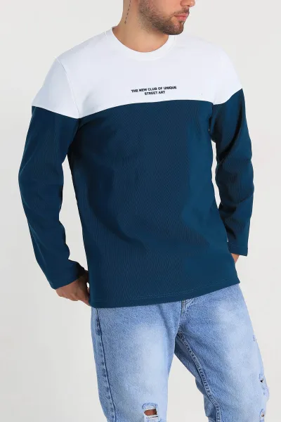 petrol-beyaz-regular-fit-kabartma-baskili-erkek-sweatshirt-305869