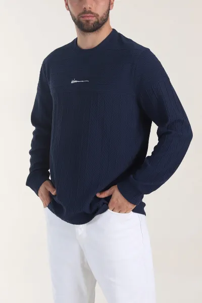 Petrol Bisiklet Yaka Dokulu Nakış Detaylı Erkek Sweatshirt 406948