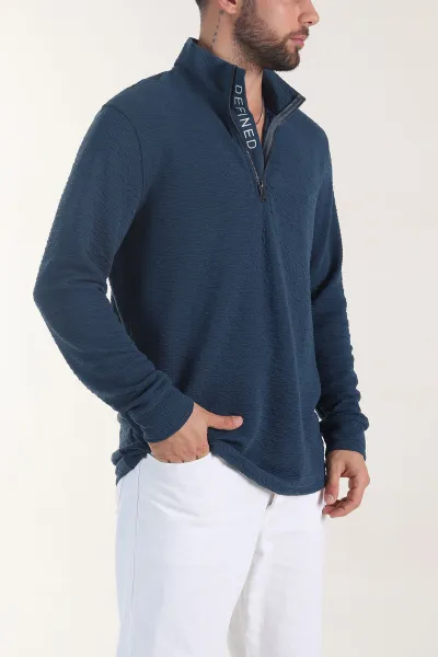 Petrol Kırınkıl Kumaş Yarım Fermuarlı Erkek Sweatshirt 406826