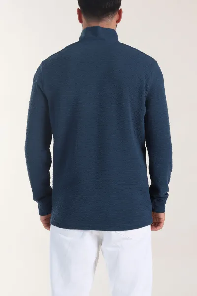 Petrol Kırınkıl Kumaş Yarım Fermuarlı Erkek Sweatshirt 406826
