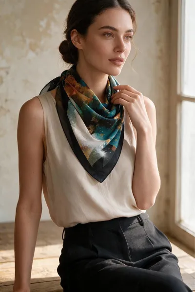Petrol Mavisi 90x90 Cm Dijital Baskılı Nova Desen Kutulu Twill Eşarp 501006