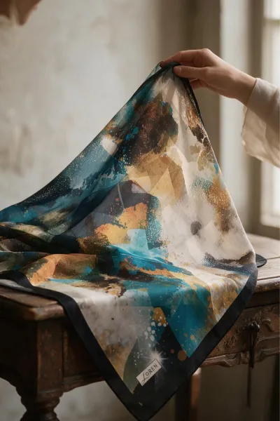Petrol Mavisi 90x90 Cm Dijital Baskılı Nova Desen Kutulu Twill Eşarp 501006