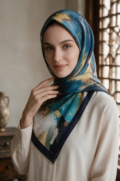 Petrol Mavisi 90x90 Cm Dijital Baskılı Nova Desen Kutulu Twill Eşarp 501006