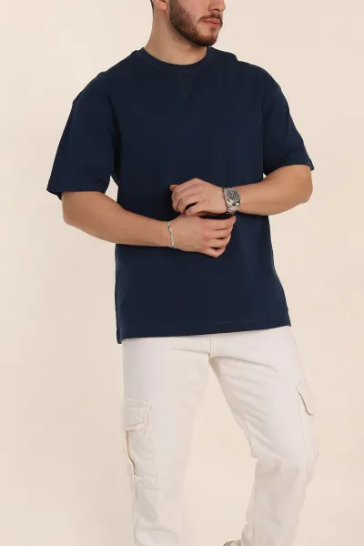 Petrol Oversize Dikiş Detaylı Basic Erkek Tişört 348837