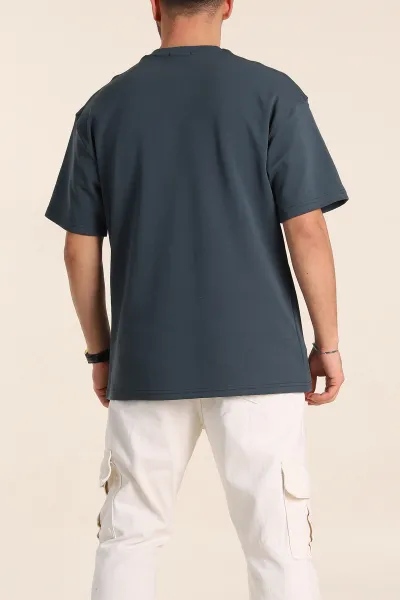 Petrol Oversize Double Face Kumaş Basic Erkek Tişört 340529