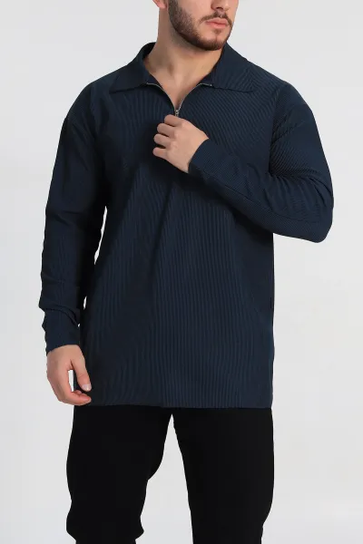 Petrol Oversize Fitilli Doku Fermuarlı Polo Yaka Sweatshirt 324399