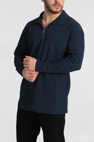 Petrol Oversize Fitilli Doku Fermuarlı Polo Yaka Sweatshirt 324399