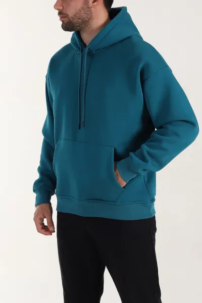 Petrol Oversize Üç İp Şardonlu Erkek Basic Kapüşonlu Sweatshirt 398911