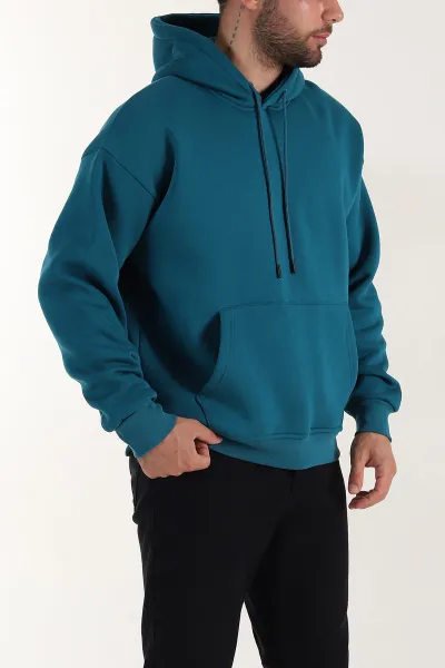 Petrol Oversize Üç İp Şardonlu Erkek Basic Kapüşonlu Sweatshirt 398911