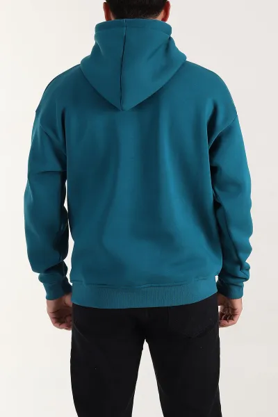 Petrol Oversize Üç İp Şardonlu Erkek Basic Kapüşonlu Sweatshirt 398911