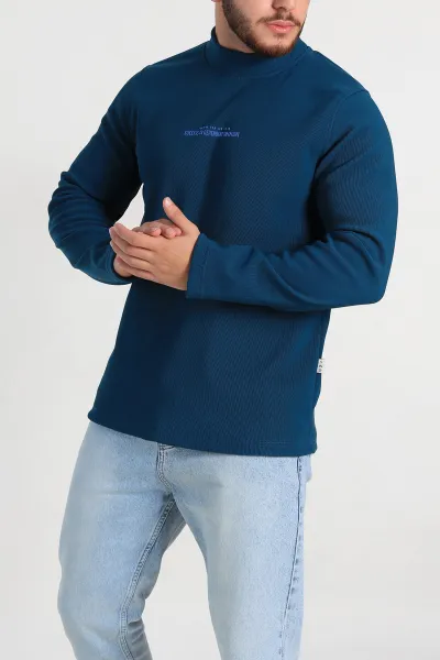 Petrol Regular Fit Dik Yaka Kabartma Yazılı Erkek Sweatshirt 305767