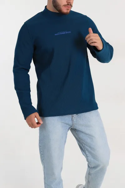 Petrol Regular Fit Dik Yaka Kabartma Yazılı Erkek Sweatshirt 305767
