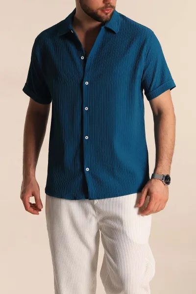Petrol Regular Fit Fitilli Doku Kısa Kollu Erkek Gömlek 275494