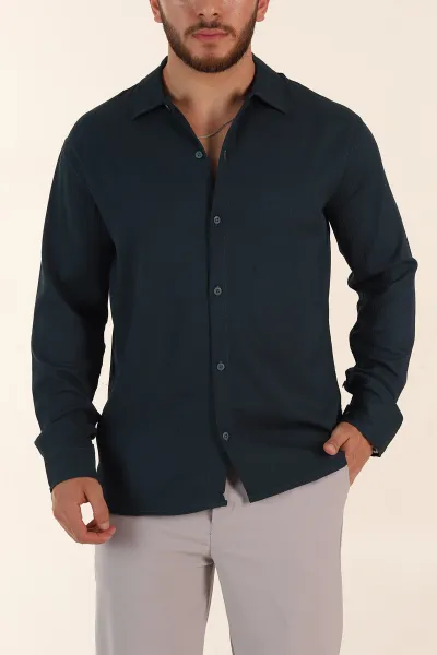 petrol-relaxed-fit-burumcuk-dokulu-uzun-kollu-erkek-gomlek-369322