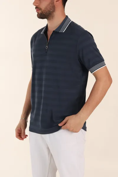 Petrol Relaxed Fit Çizgi Dokulu Fermuarlı Polo Yaka Basic Erkek Tİşört 370234