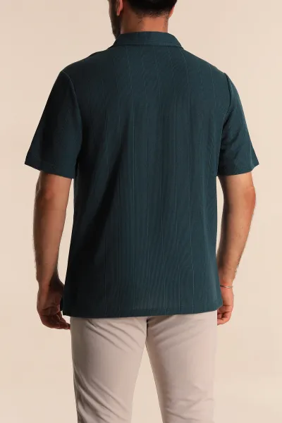 Petrol Relaxed Fit Çizgi Dokulu Fermuarlı Polo Yaka Erkek Tişört 278929