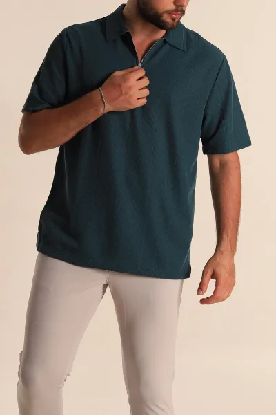 Petrol Relaxed Fit Çizgi Dokulu Fermuarlı Polo Yaka Erkek Tişört 278929